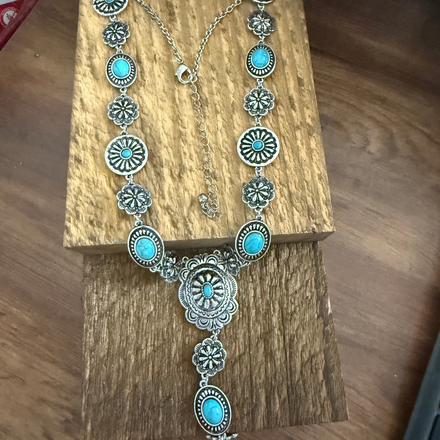 Turquoise Stone Western Flower Concho Y Drop Necklace 22 Inch Brushed Silver