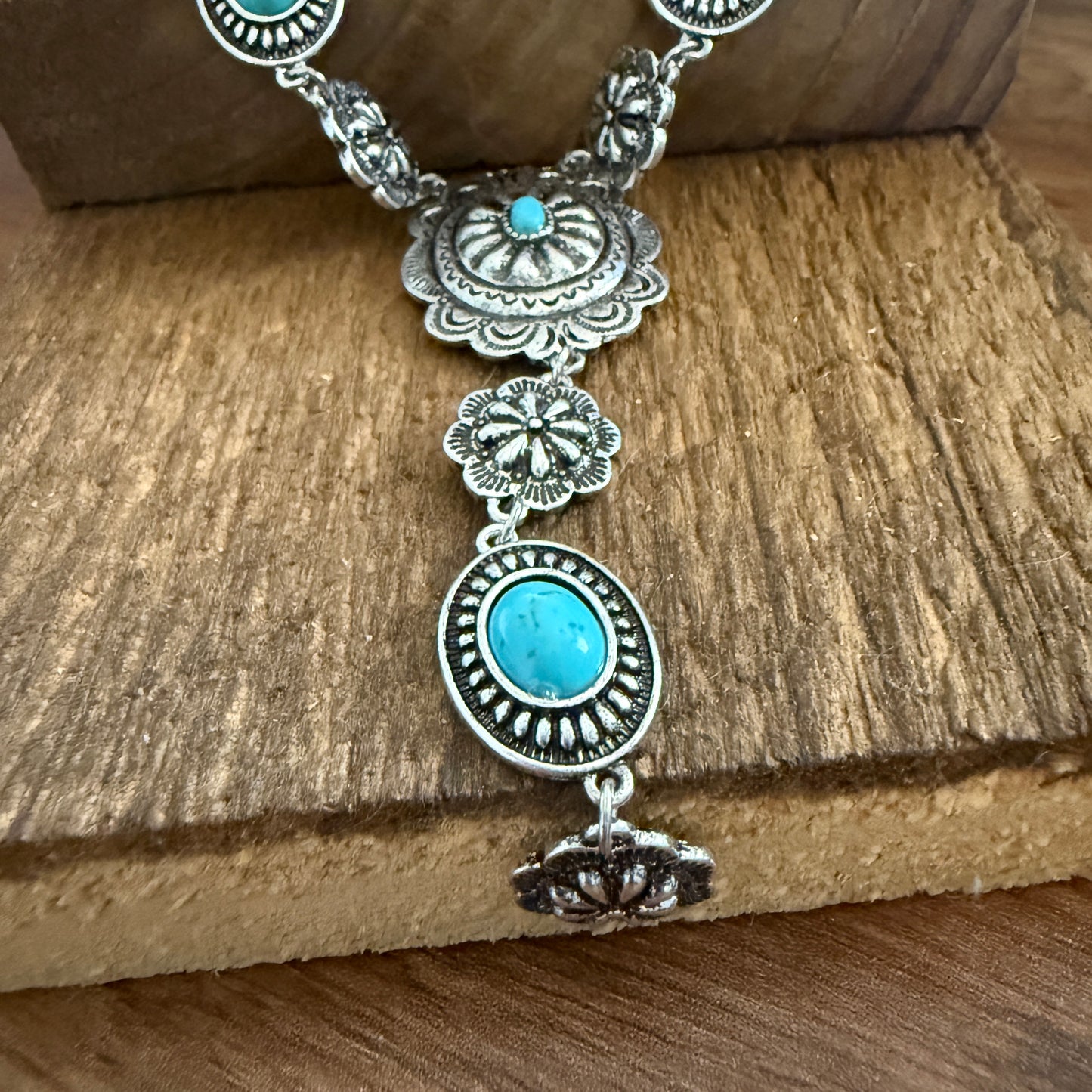 Turquoise Stone Western Flower Concho Y Drop Necklace 22 Inch Brushed Silver