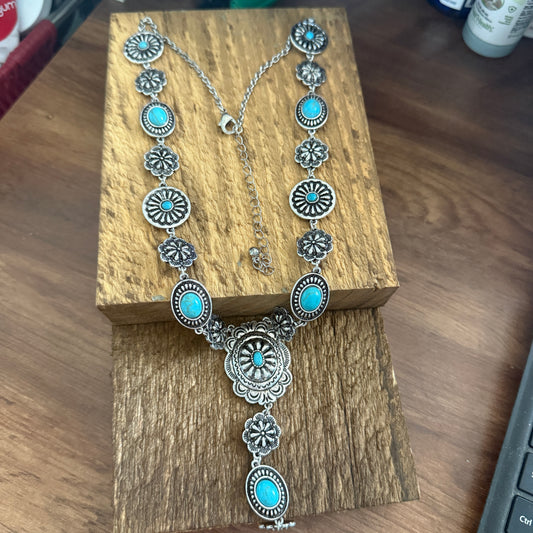 Turquoise Stone Western Flower Concho Y Drop Necklace 22 Inch Brushed Silver