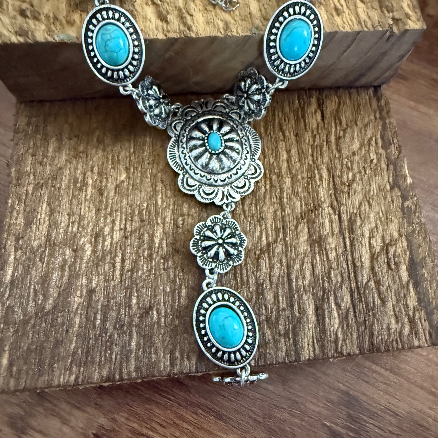 Turquoise Stone Western Flower Concho Y Drop Necklace 22 Inch Brushed Silver