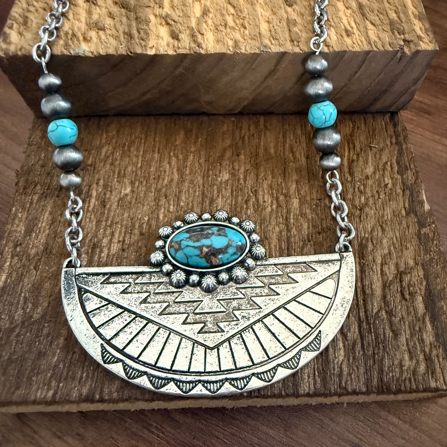 Western Aztec Style Turquoise Stone Pendant Necklace with Burnished Silver and Extension Chain