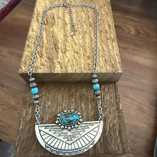Western Aztec Style Turquoise Stone Pendant Necklace with Burnished Silver and Extension Chain