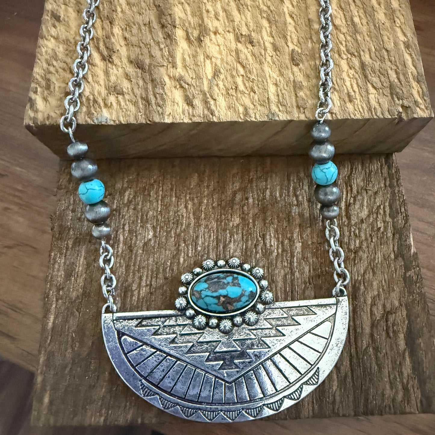 Western Aztec Style Turquoise Stone Pendant Necklace with Burnished Silver and Extension Chain