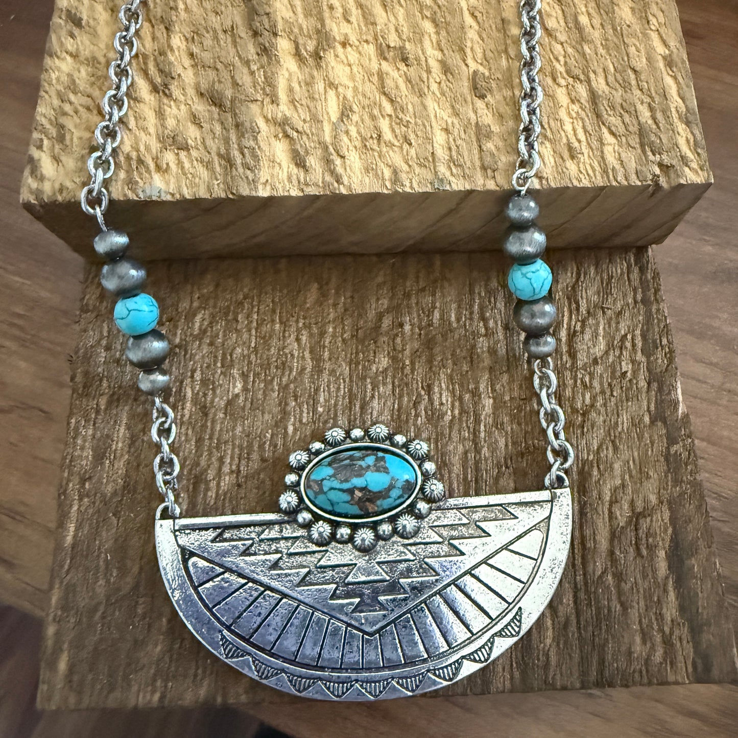 Western Aztec Style Turquoise Stone Pendant Necklace with Burnished Silver and Extension Chain