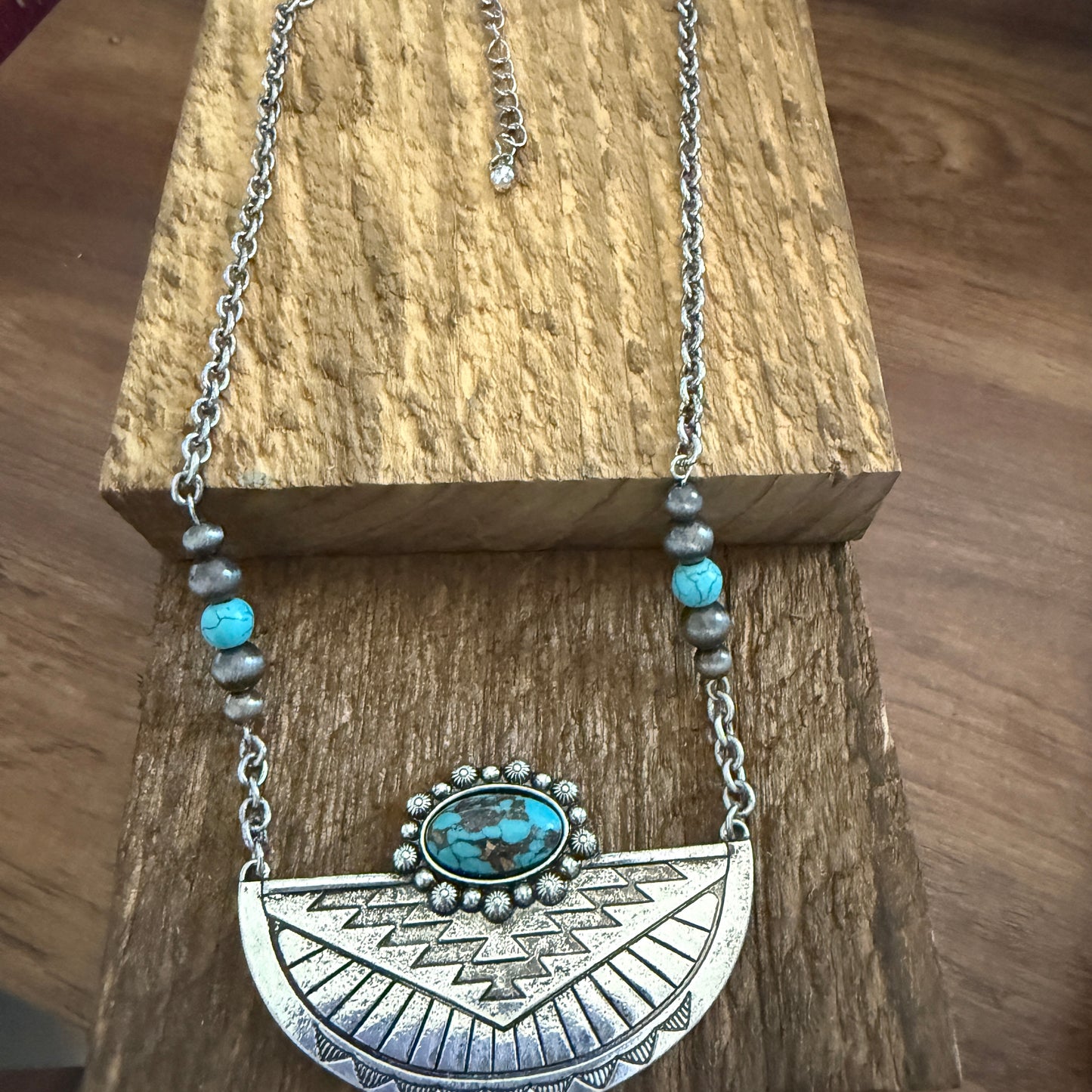 Western Aztec Style Turquoise Stone Pendant Necklace with Burnished Silver and Extension Chain