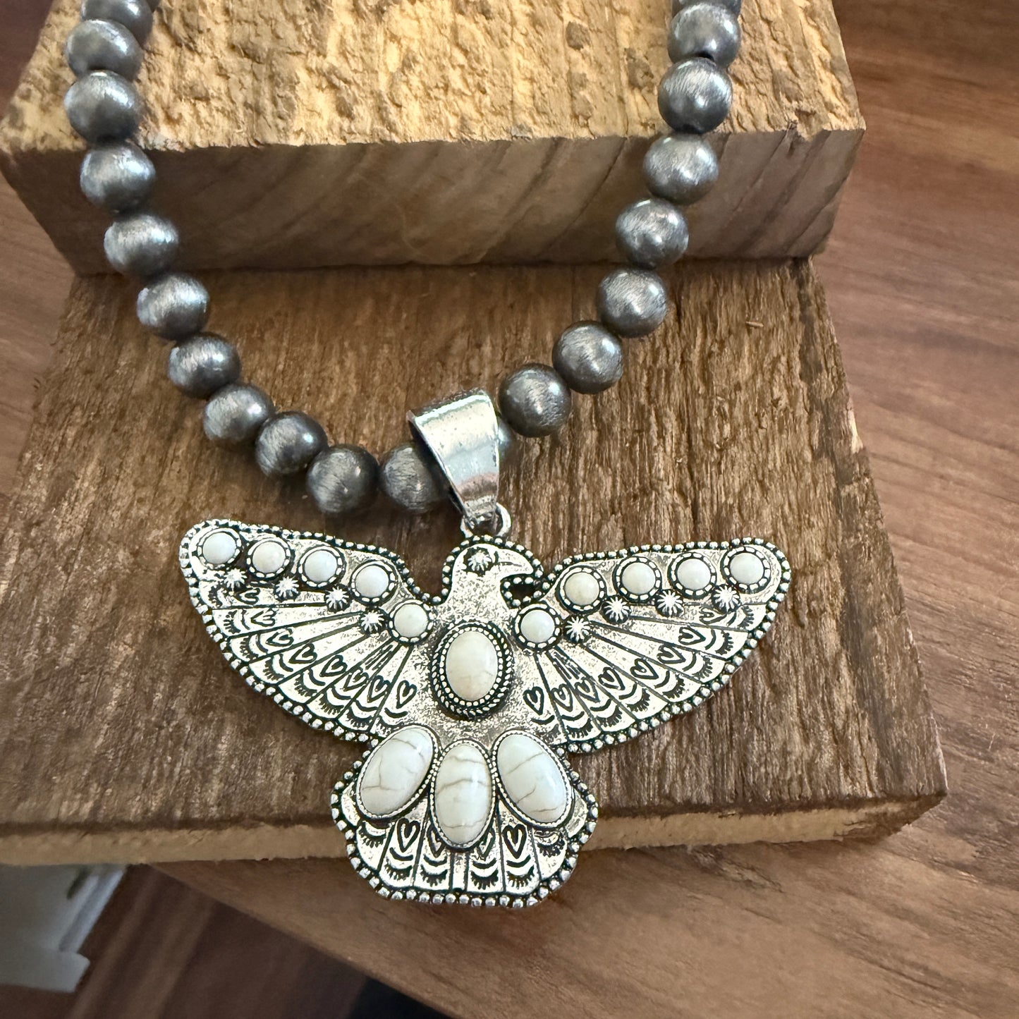 Western Thunderbird Pendant Navajo Style Pearl Bead Necklace in White