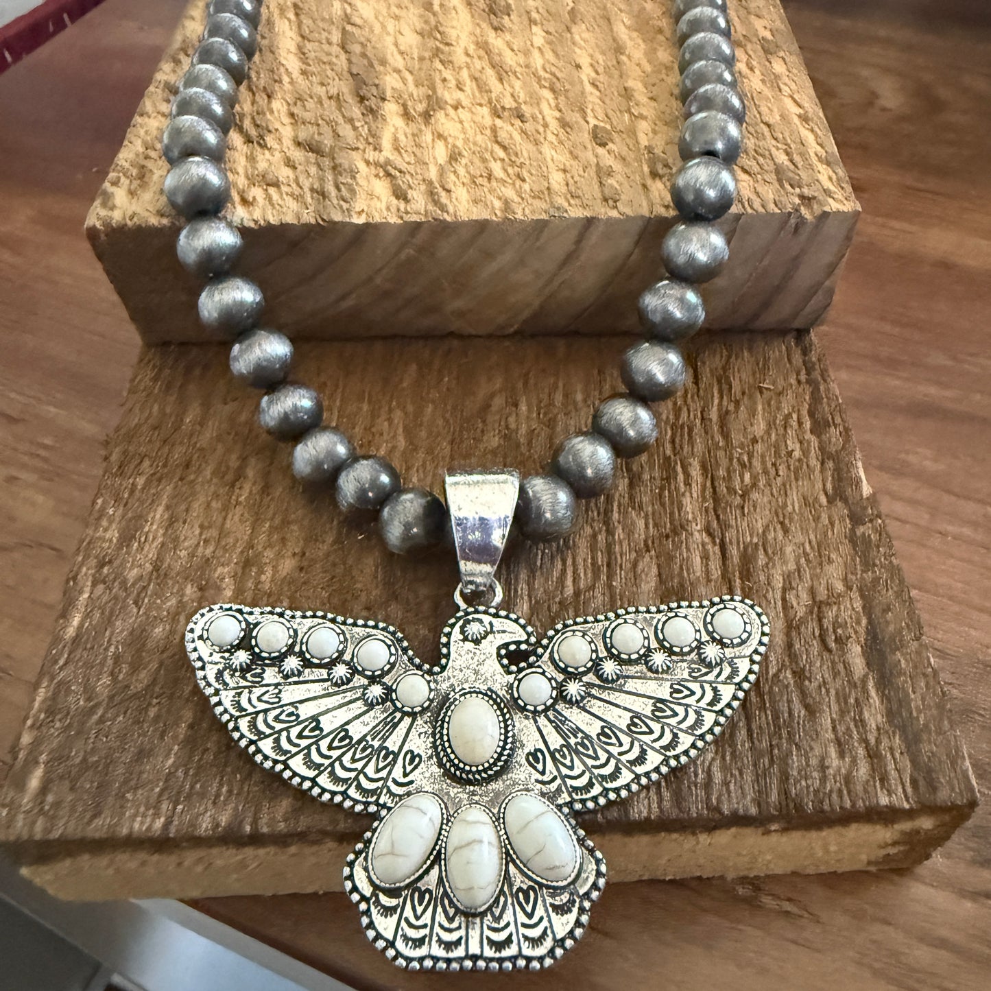 Western Thunderbird Pendant Navajo Style Pearl Bead Necklace in White