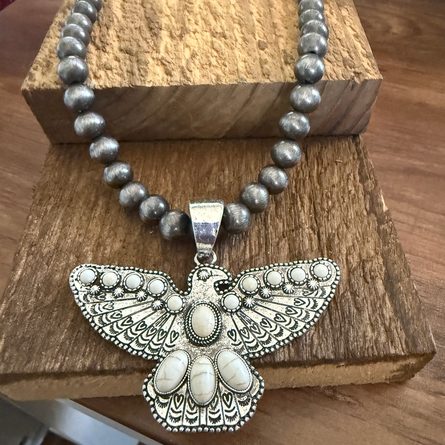 Western Thunderbird Pendant Navajo Style Pearl Bead Necklace in White