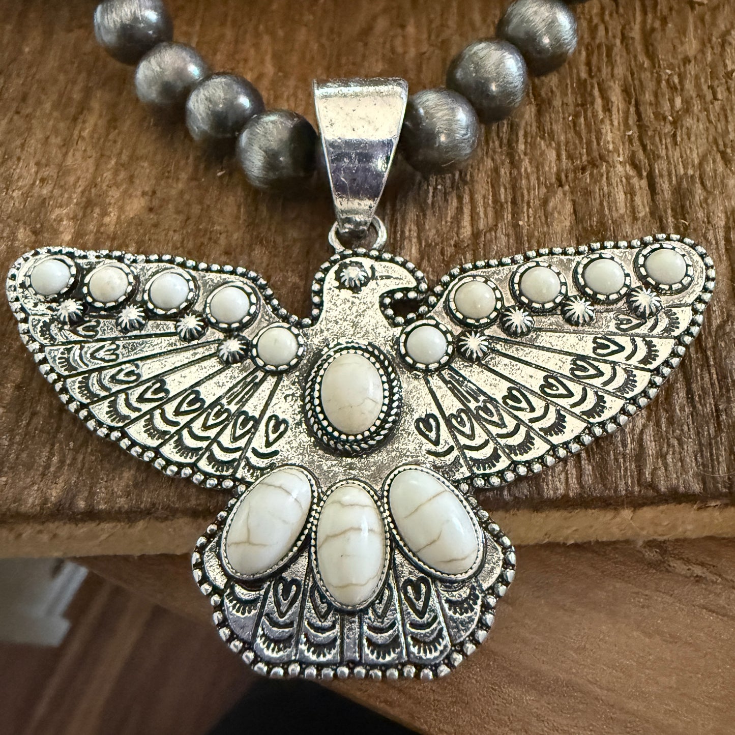 Western Thunderbird Pendant Navajo Style Pearl Bead Necklace in White