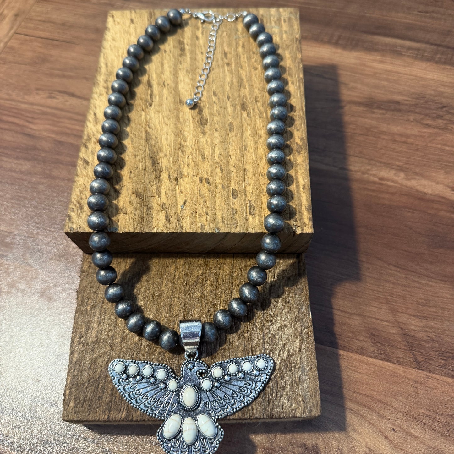 Western Thunderbird Pendant Navajo Style Pearl Bead Necklace in White