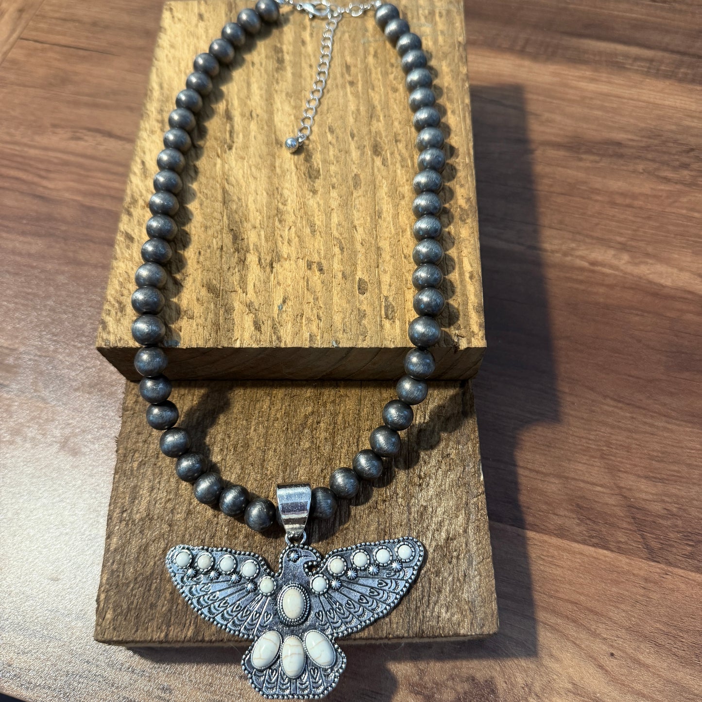 Western Thunderbird Pendant Navajo Style Pearl Bead Necklace in White