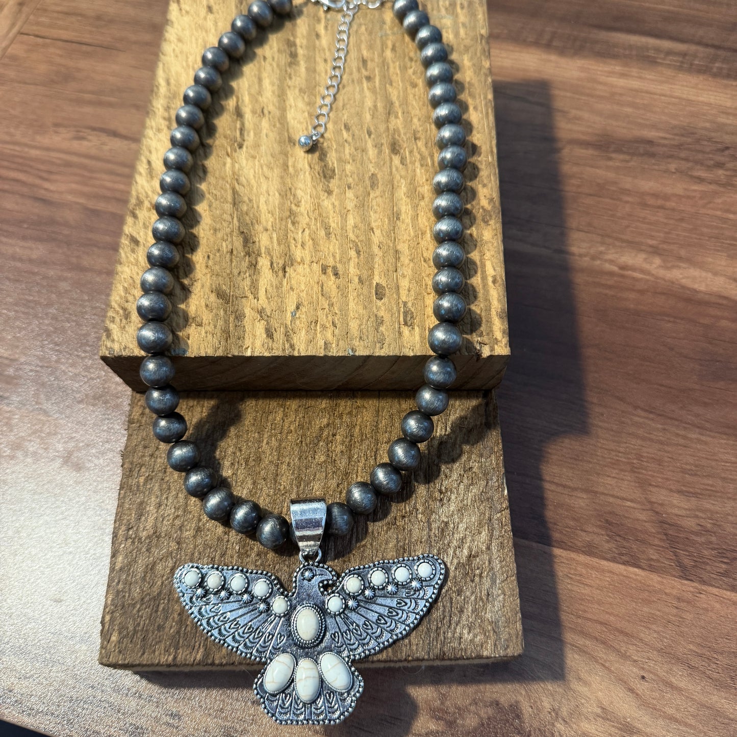 Western Thunderbird Pendant Navajo Style Pearl Bead Necklace in White