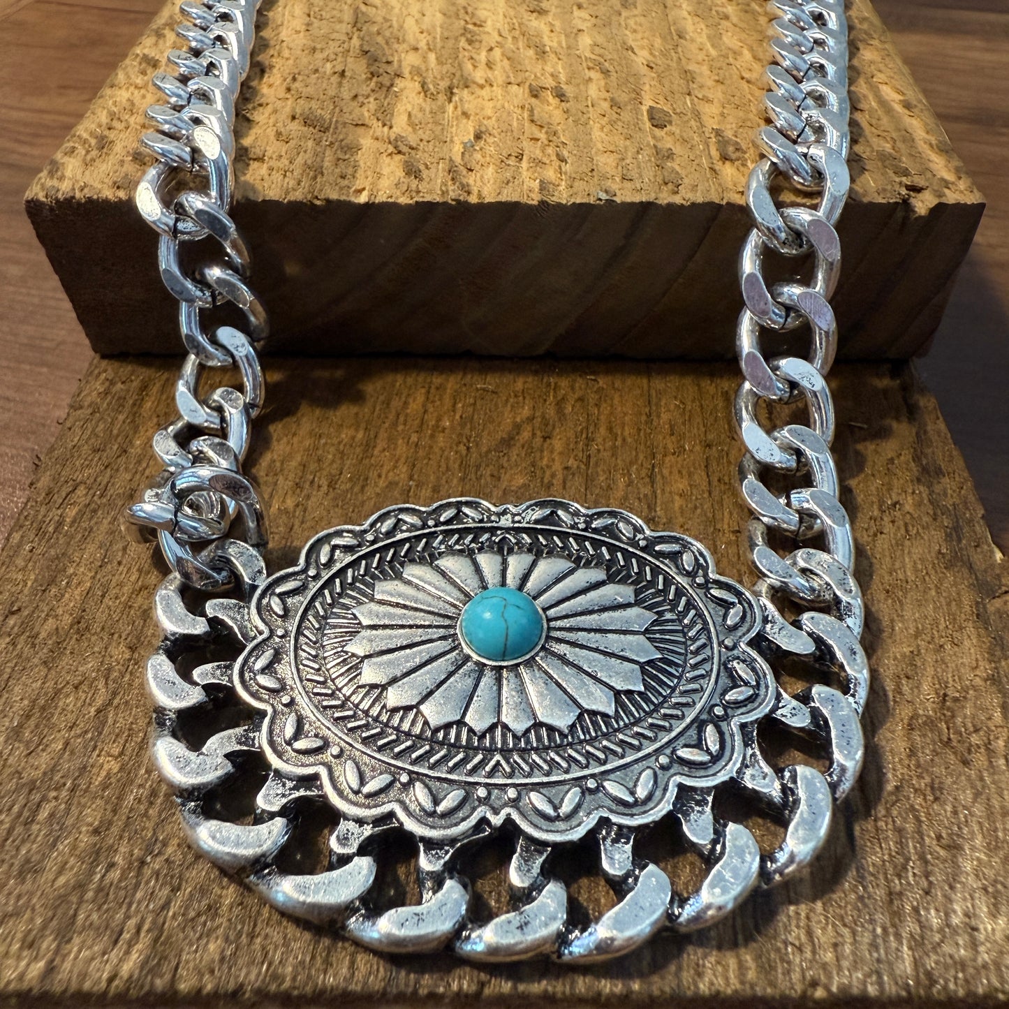 Western Concho Chain Necklace with Extender and Pendant
