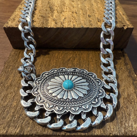 Western Concho Chain Necklace with Extender and Pendant