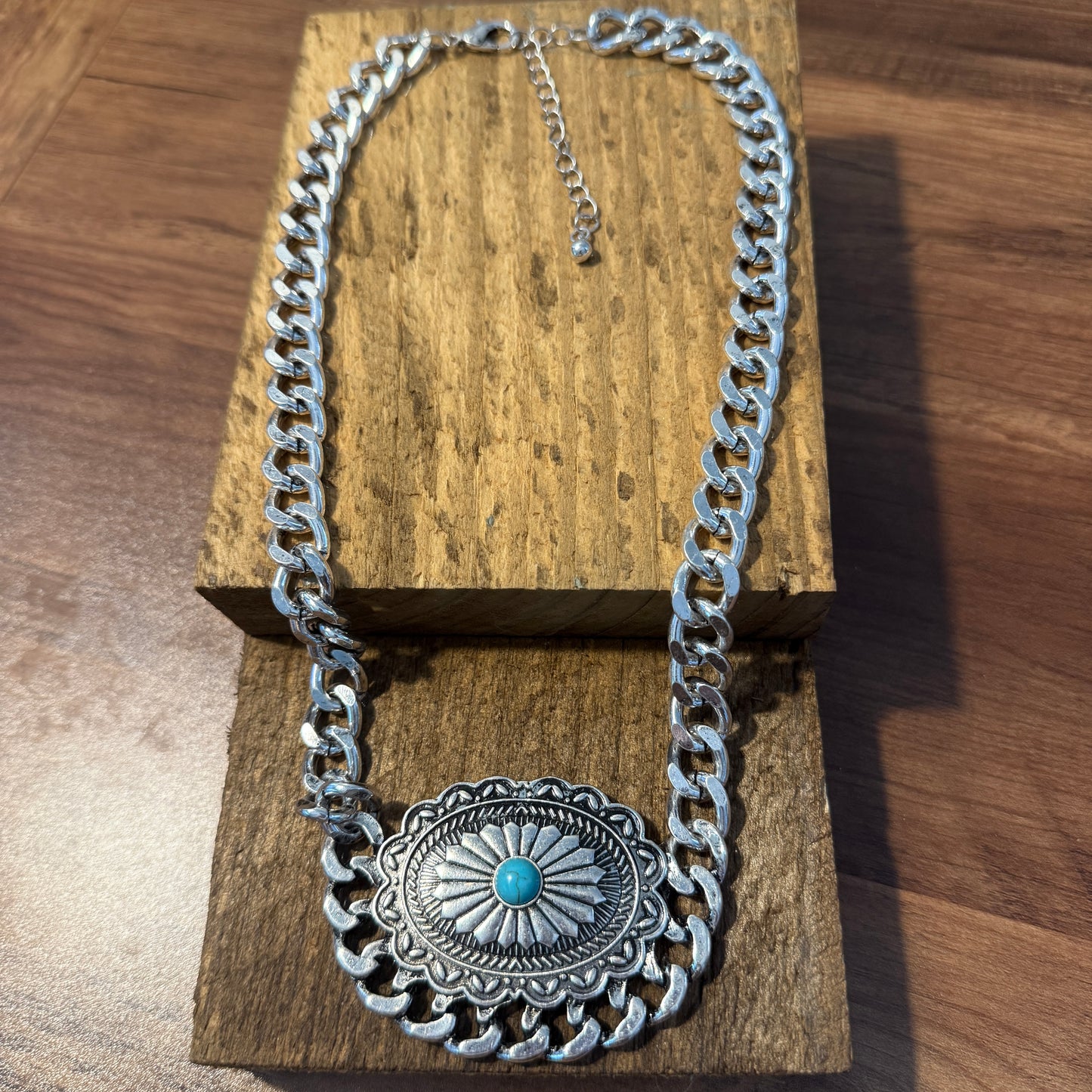 Western Concho Chain Necklace with Extender and Pendant