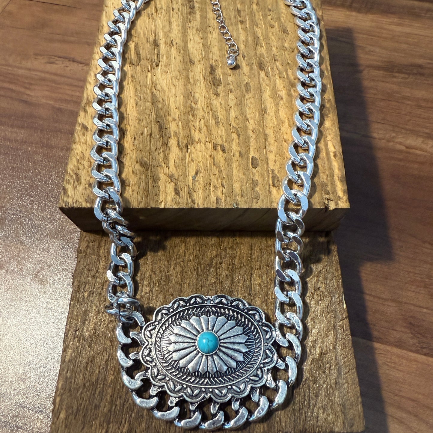 Western Concho Chain Necklace with Extender and Pendant