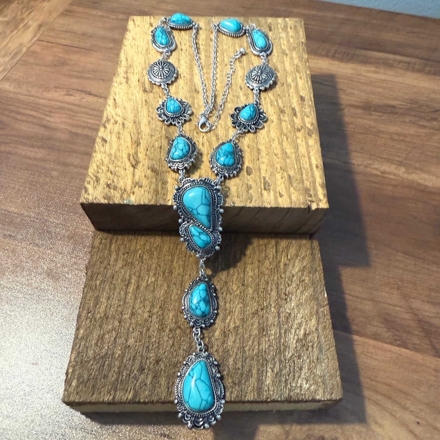 Turquoise Stone Western Concho Y Drop Necklace with Brushed Silver Accents
