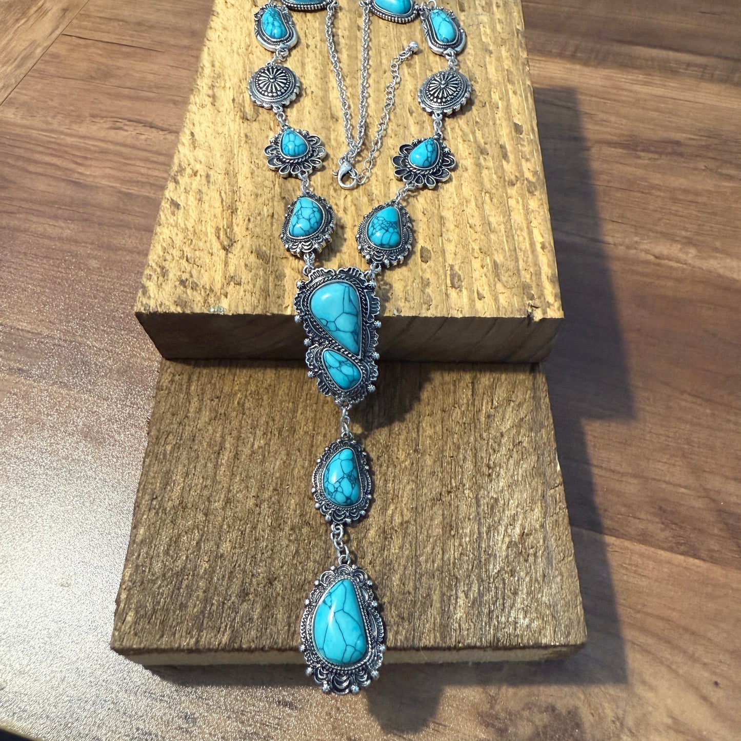 Turquoise Stone Western Concho Y Drop Necklace with Brushed Silver Accents