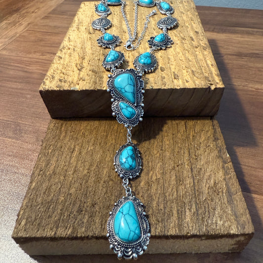 Turquoise Stone Western Concho Y Drop Necklace with Brushed Silver Accents