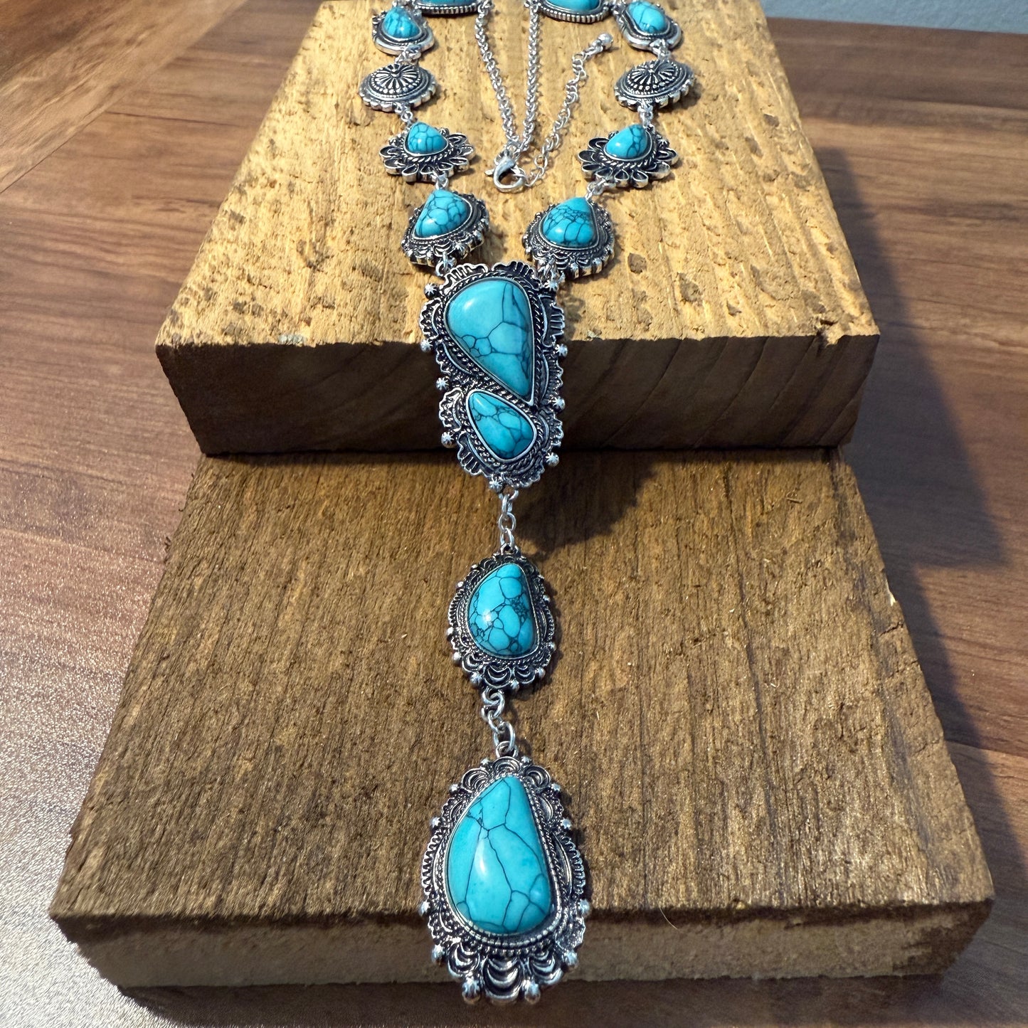 Turquoise Stone Western Concho Y Drop Necklace with Brushed Silver Accents