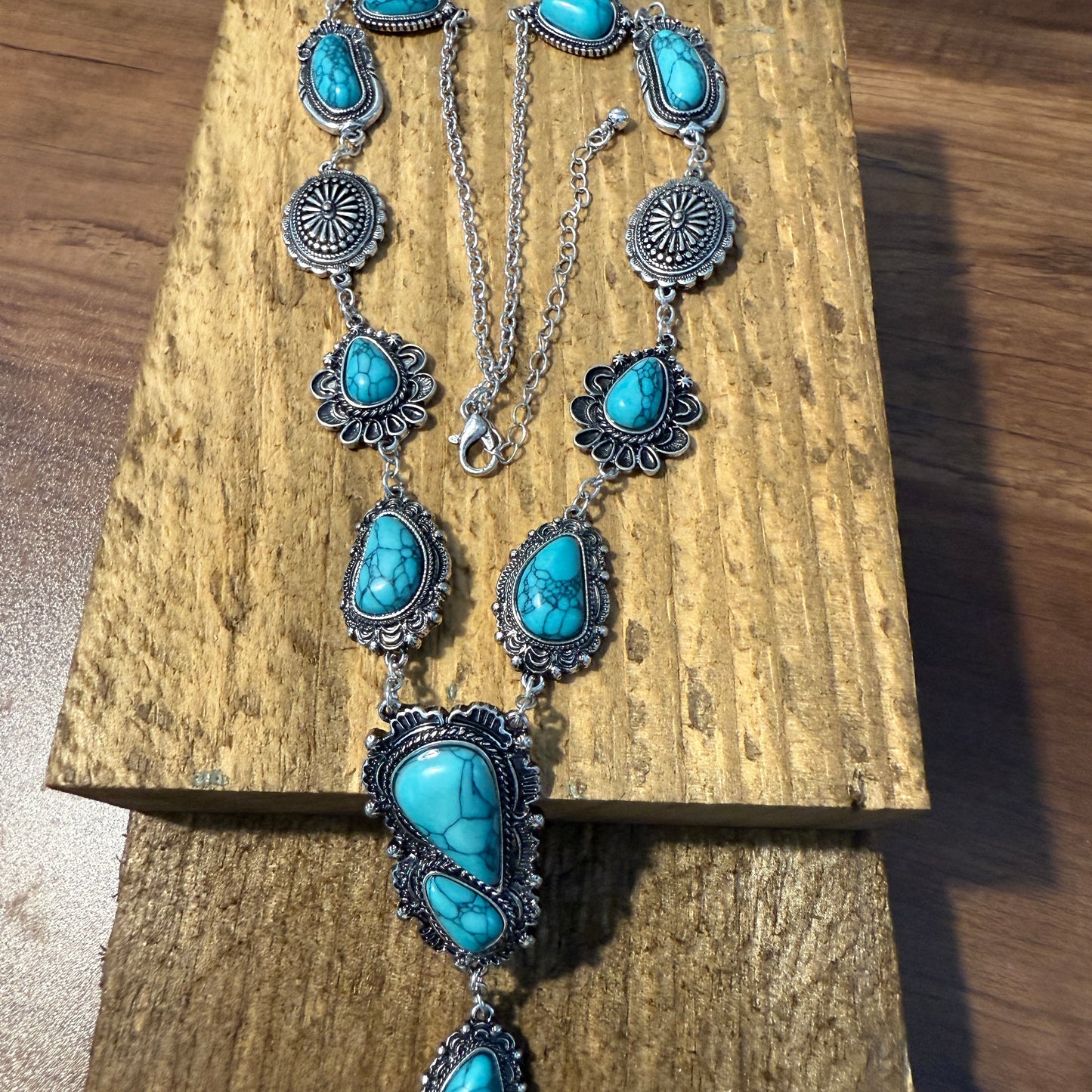 Turquoise Stone Western Concho Y Drop Necklace with Brushed Silver Accents