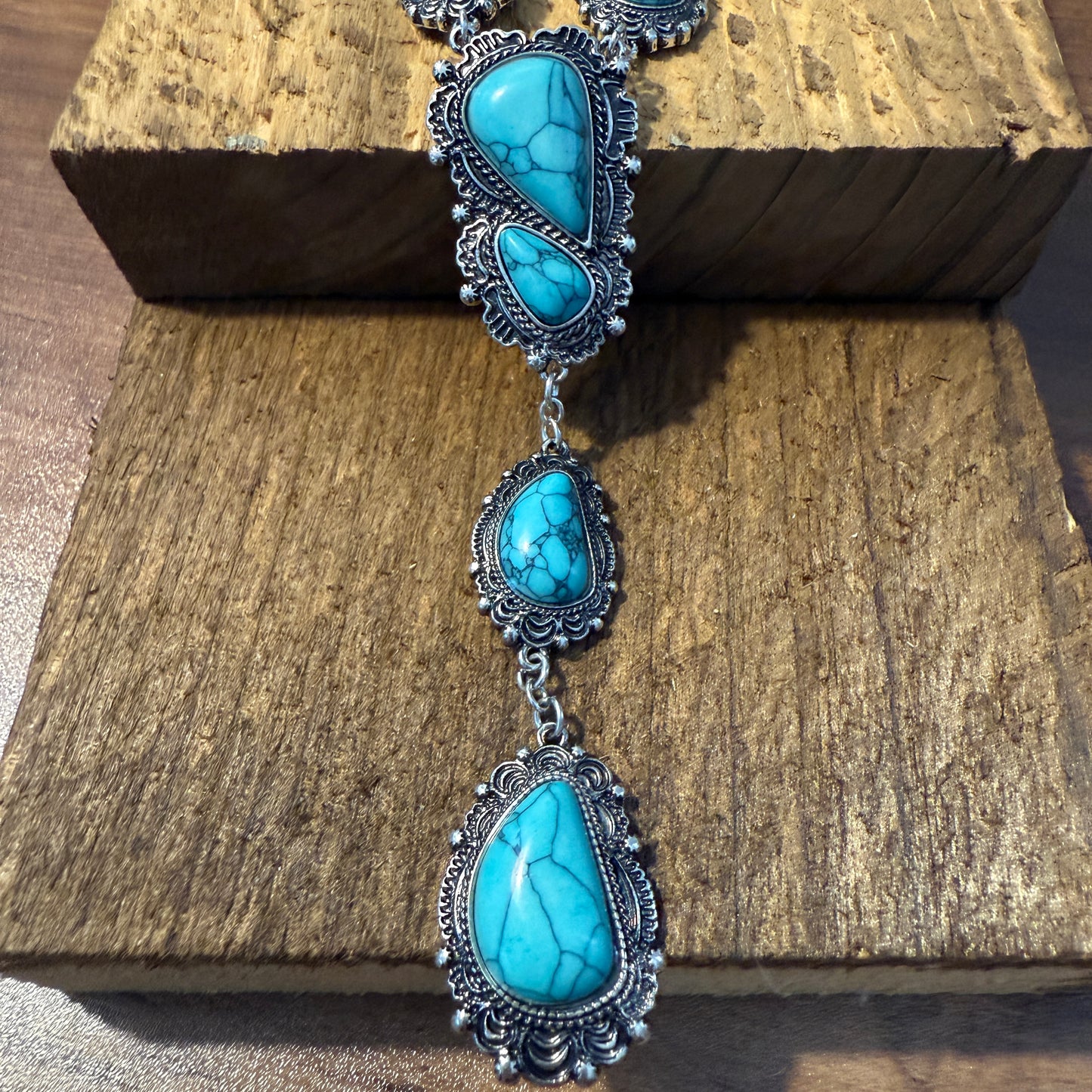 Turquoise Stone Western Concho Y Drop Necklace with Brushed Silver Accents