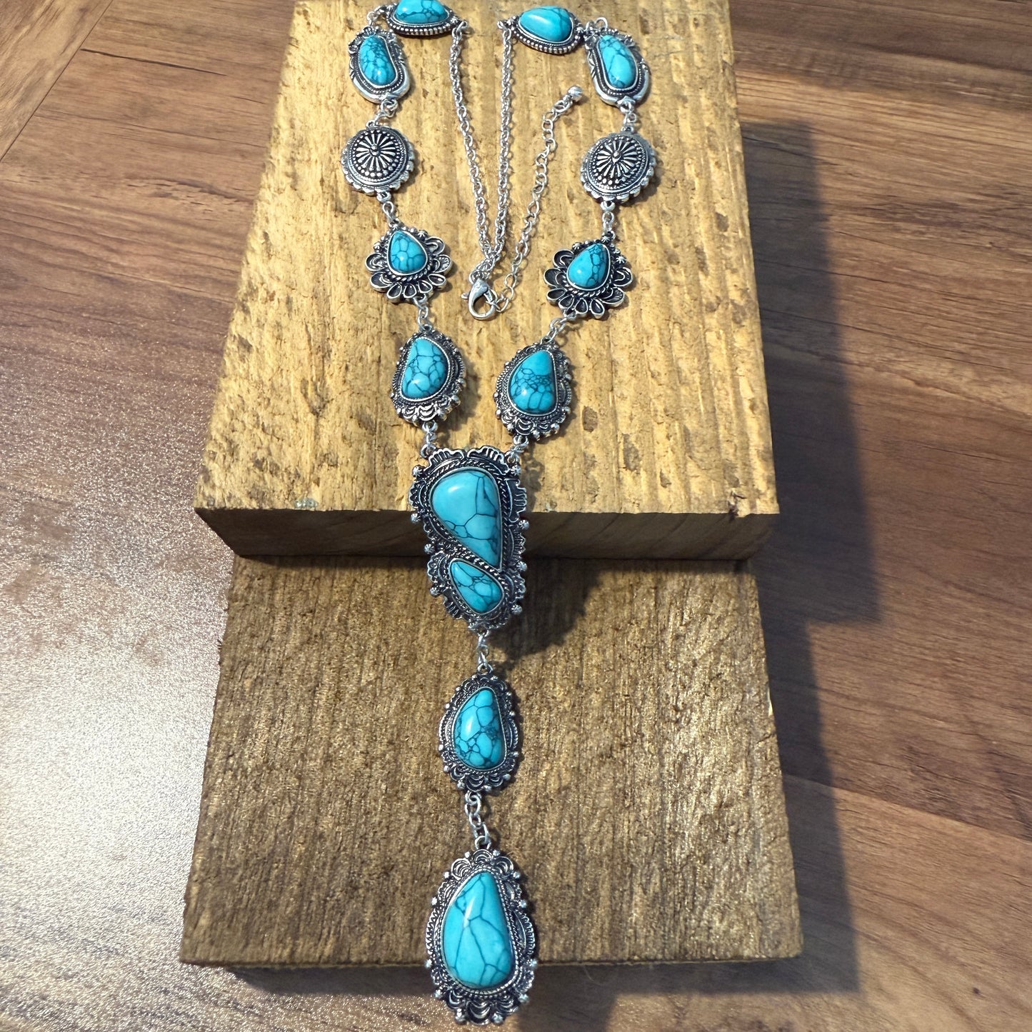 Turquoise Stone Western Concho Y Drop Necklace with Brushed Silver Accents