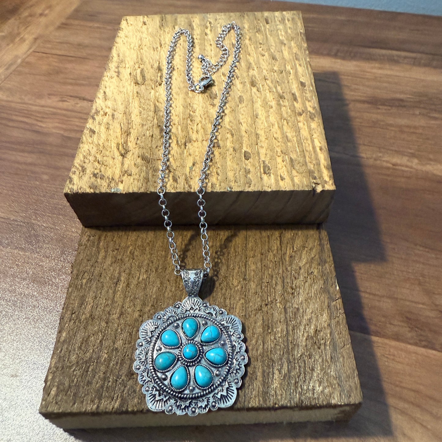 Western Style Turquoise Stone Concho Pendant Necklace with Brushed Silver Finish
