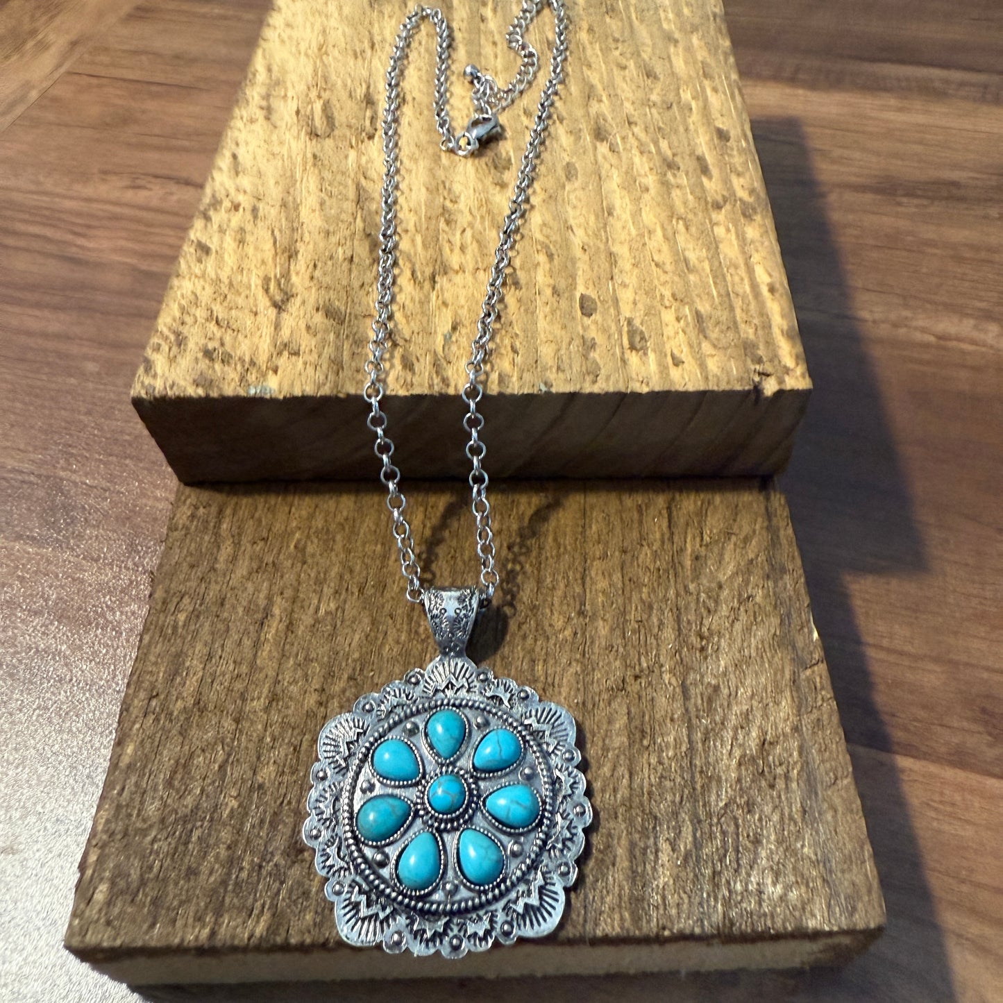 Western Style Turquoise Stone Concho Pendant Necklace with Brushed Silver Finish
