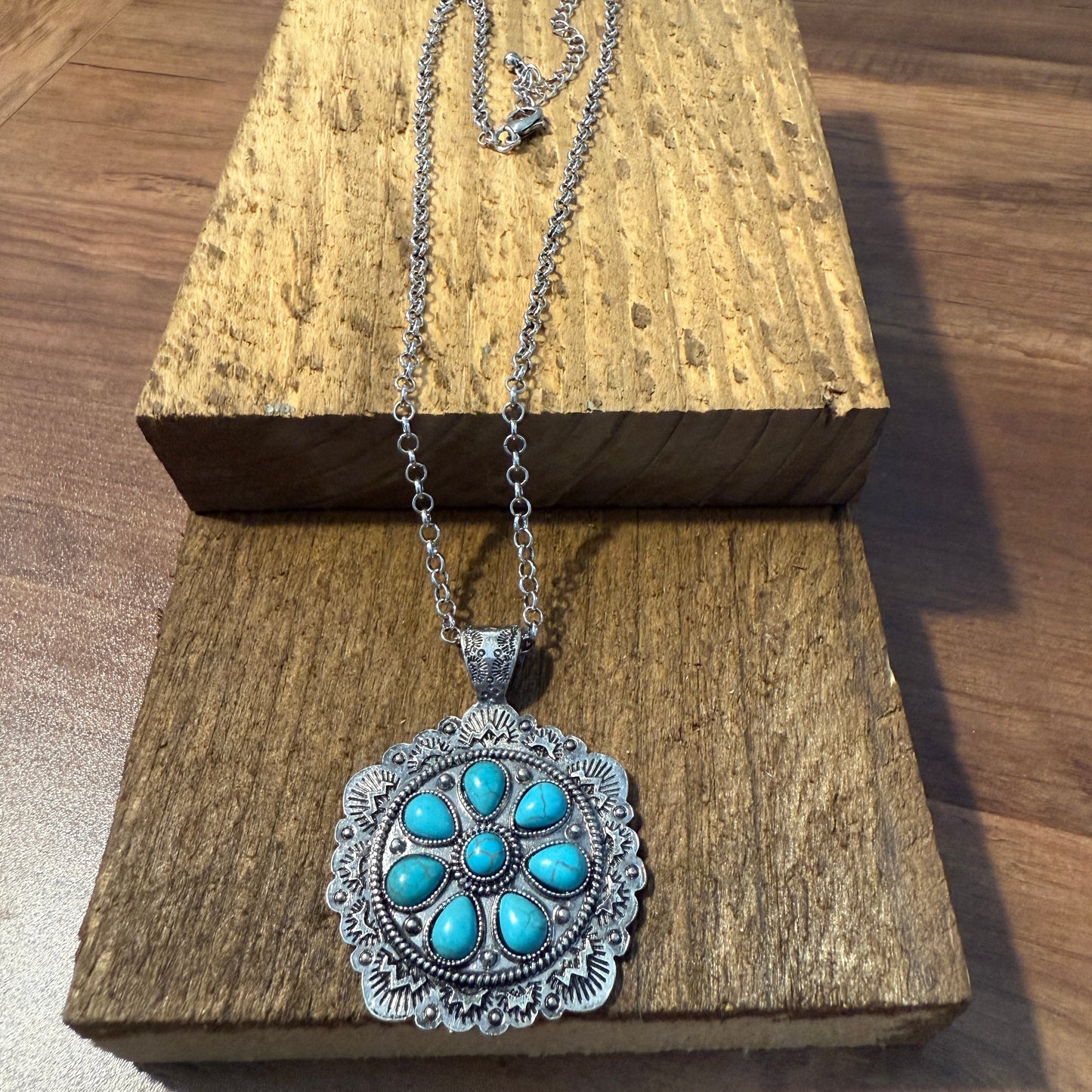 Western Style Turquoise Stone Concho Pendant Necklace with Brushed Silver Finish