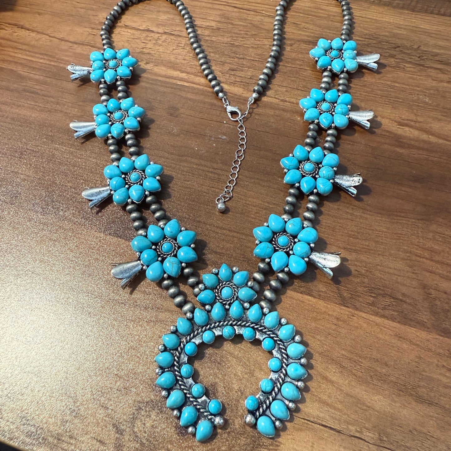 Squash Blossom Necklace with Turquoise Pendant Southwestern Jewelry