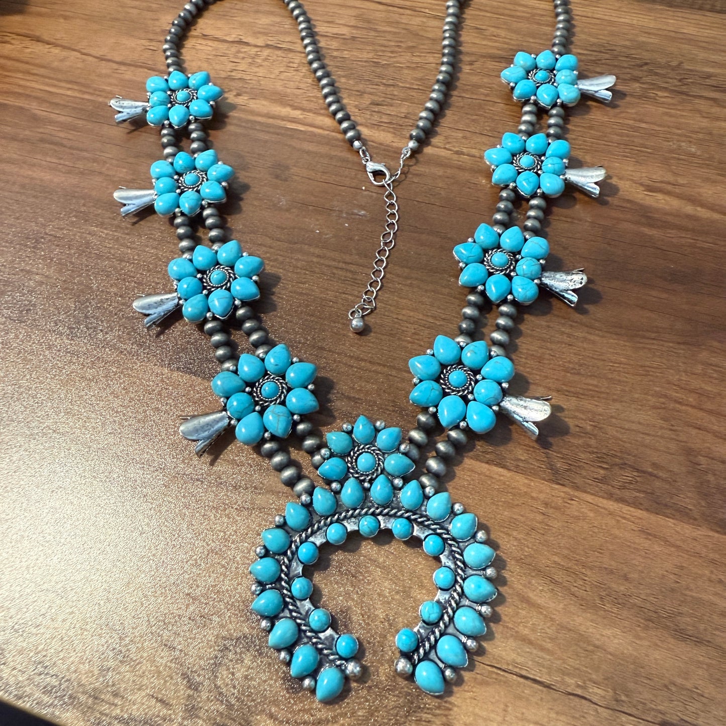 Squash Blossom Necklace with Turquoise Pendant Southwestern Jewelry