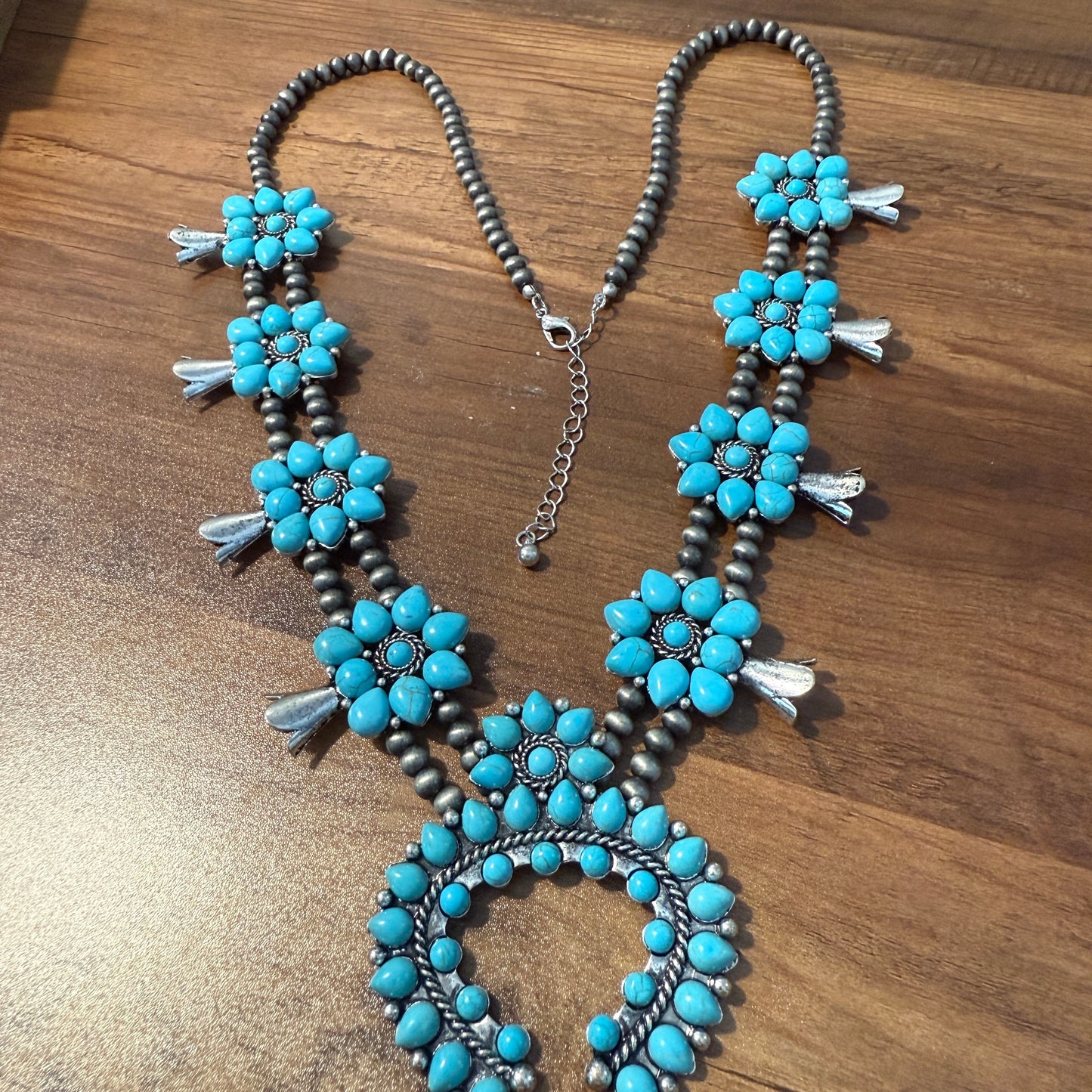 Squash Blossom Necklace with Turquoise Pendant Southwestern Jewelry