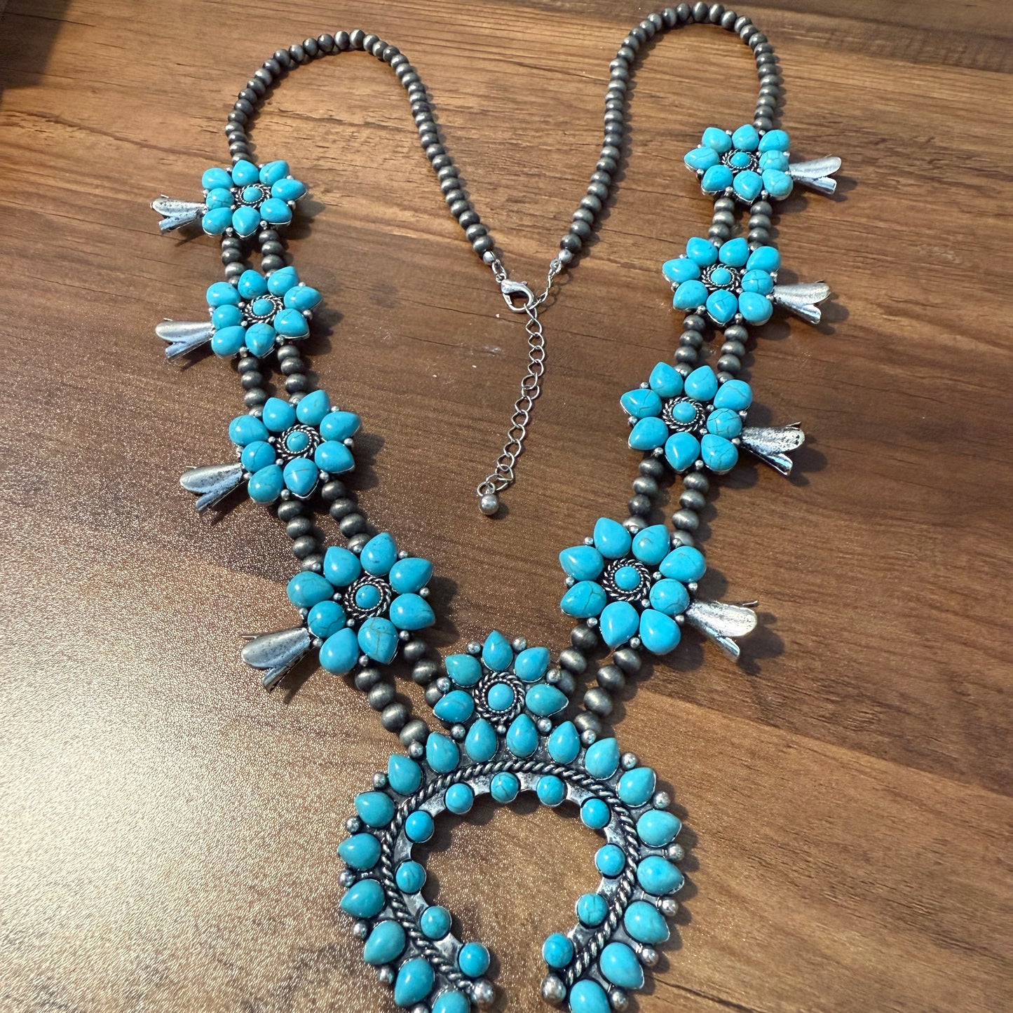 Squash Blossom Necklace with Turquoise Pendant Southwestern Jewelry