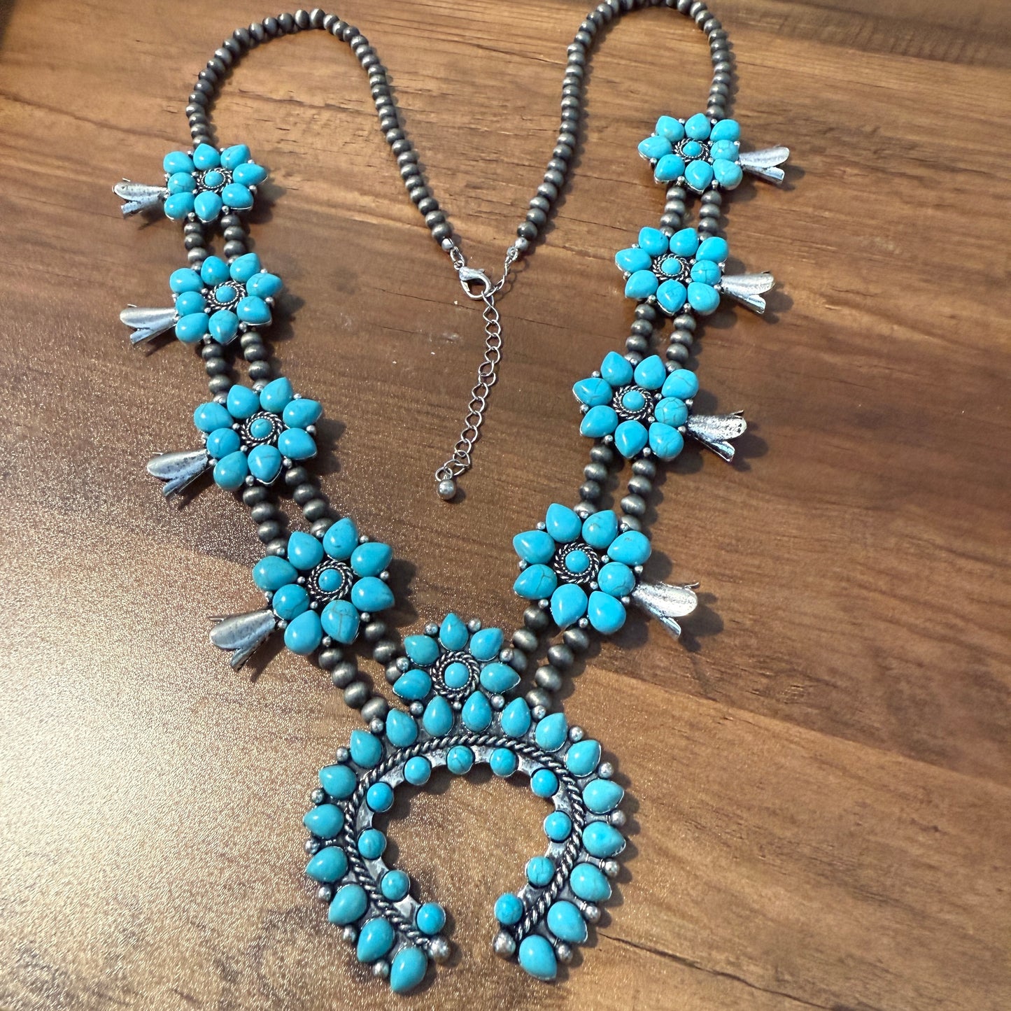 Squash Blossom Necklace with Turquoise Pendant Southwestern Jewelry