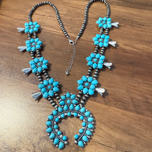Squash Blossom Necklace with Turquoise Pendant Southwestern Jewelry