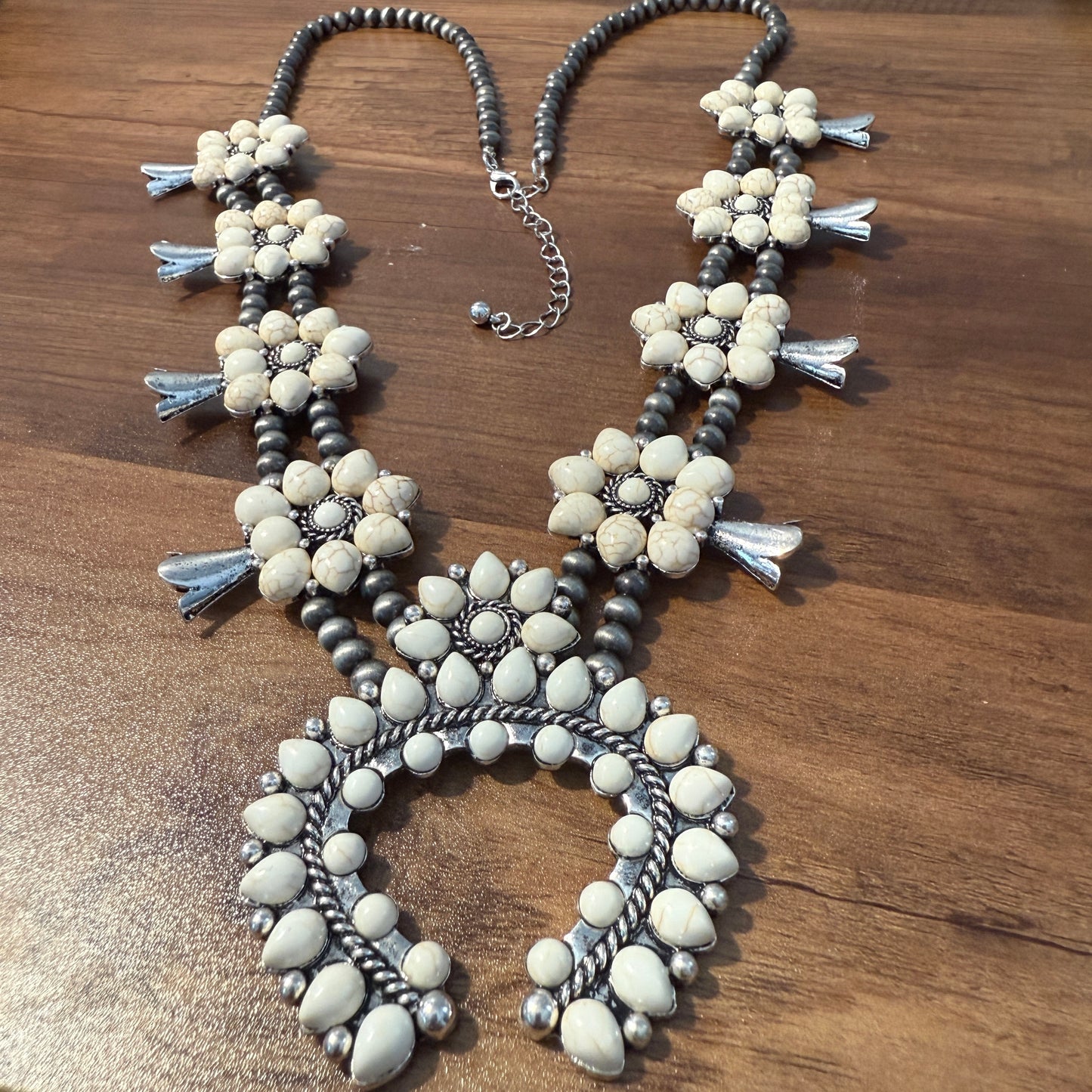 Squash Blossom Necklace Western Pendant with Turquoise and White Stones