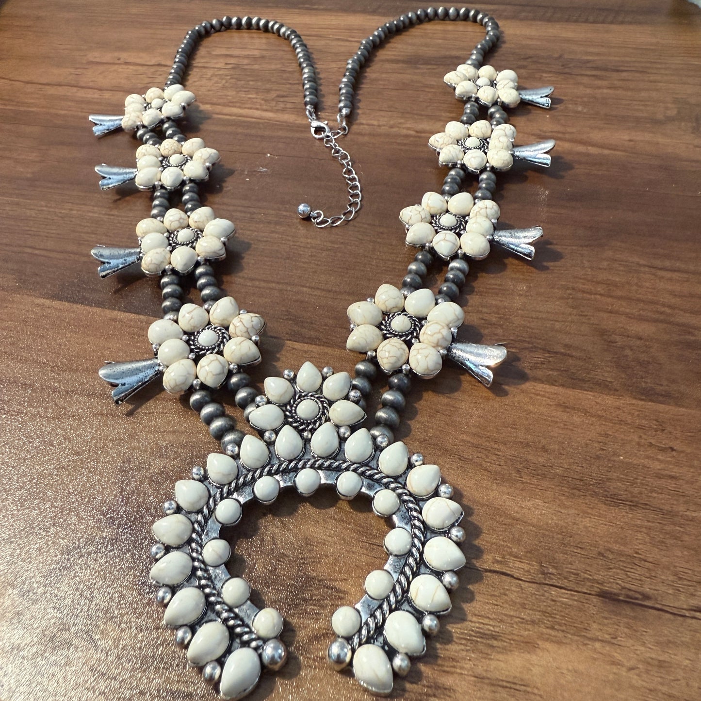 Squash Blossom Necklace Western Pendant with Turquoise and White Stones