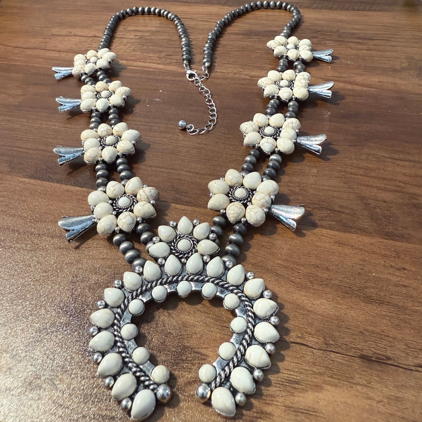 Squash Blossom Necklace Western Pendant with Turquoise and White Stones