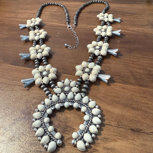 Squash Blossom Necklace Western Pendant with Turquoise and White Stones