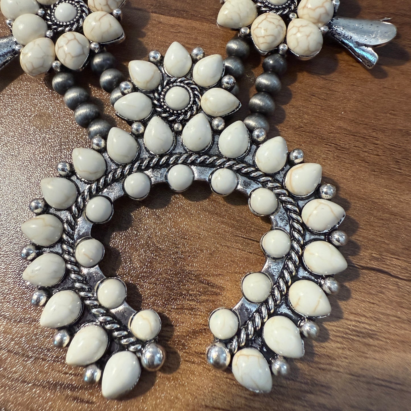 Squash Blossom Necklace Western Pendant with Turquoise and White Stones