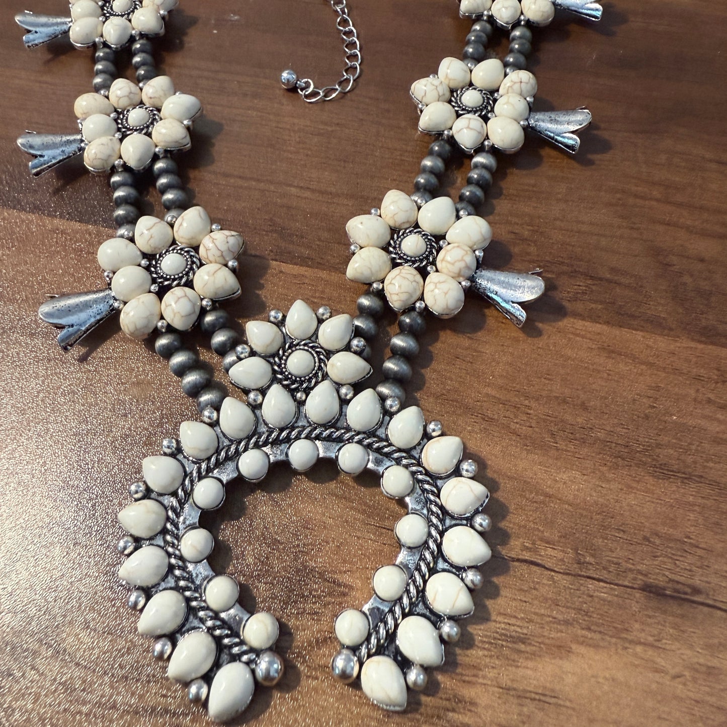 Squash Blossom Necklace Western Pendant with Turquoise and White Stones