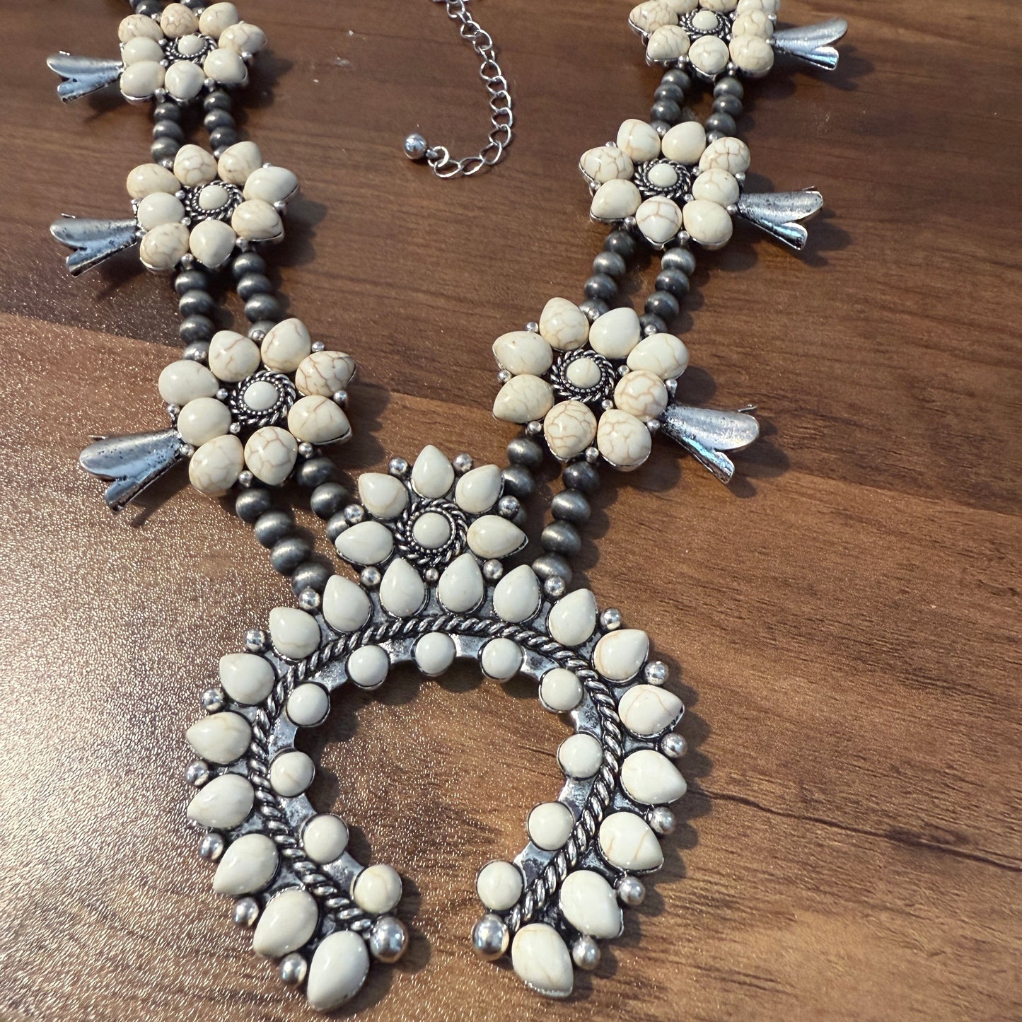 Squash Blossom Necklace Western Pendant with Turquoise and White Stones