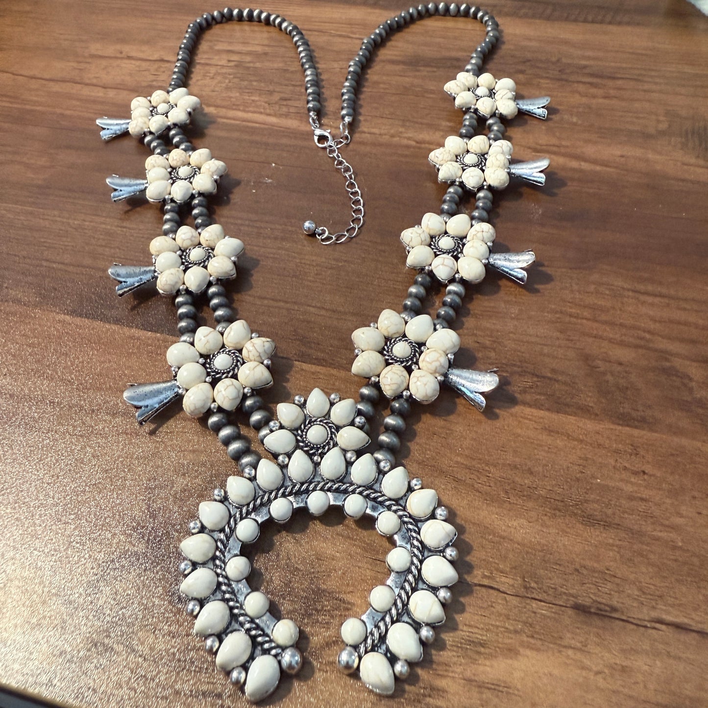 Squash Blossom Necklace Western Pendant with Turquoise and White Stones