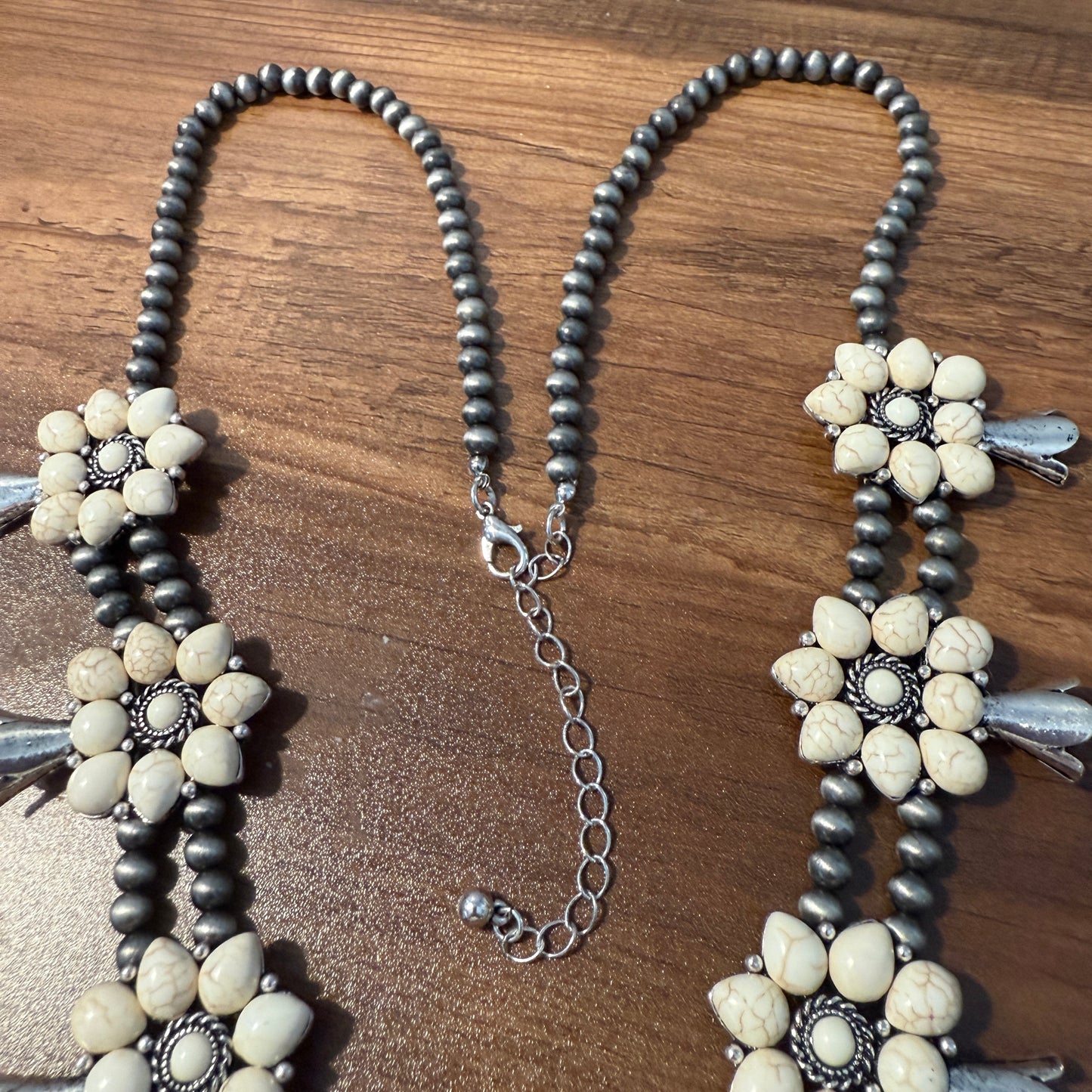 Squash Blossom Necklace Western Pendant with Turquoise and White Stones