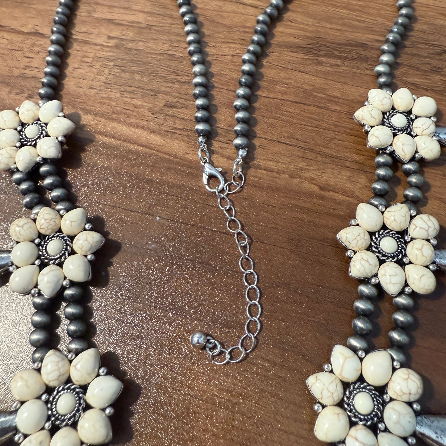 Squash Blossom Necklace Western Pendant with Turquoise and White Stones