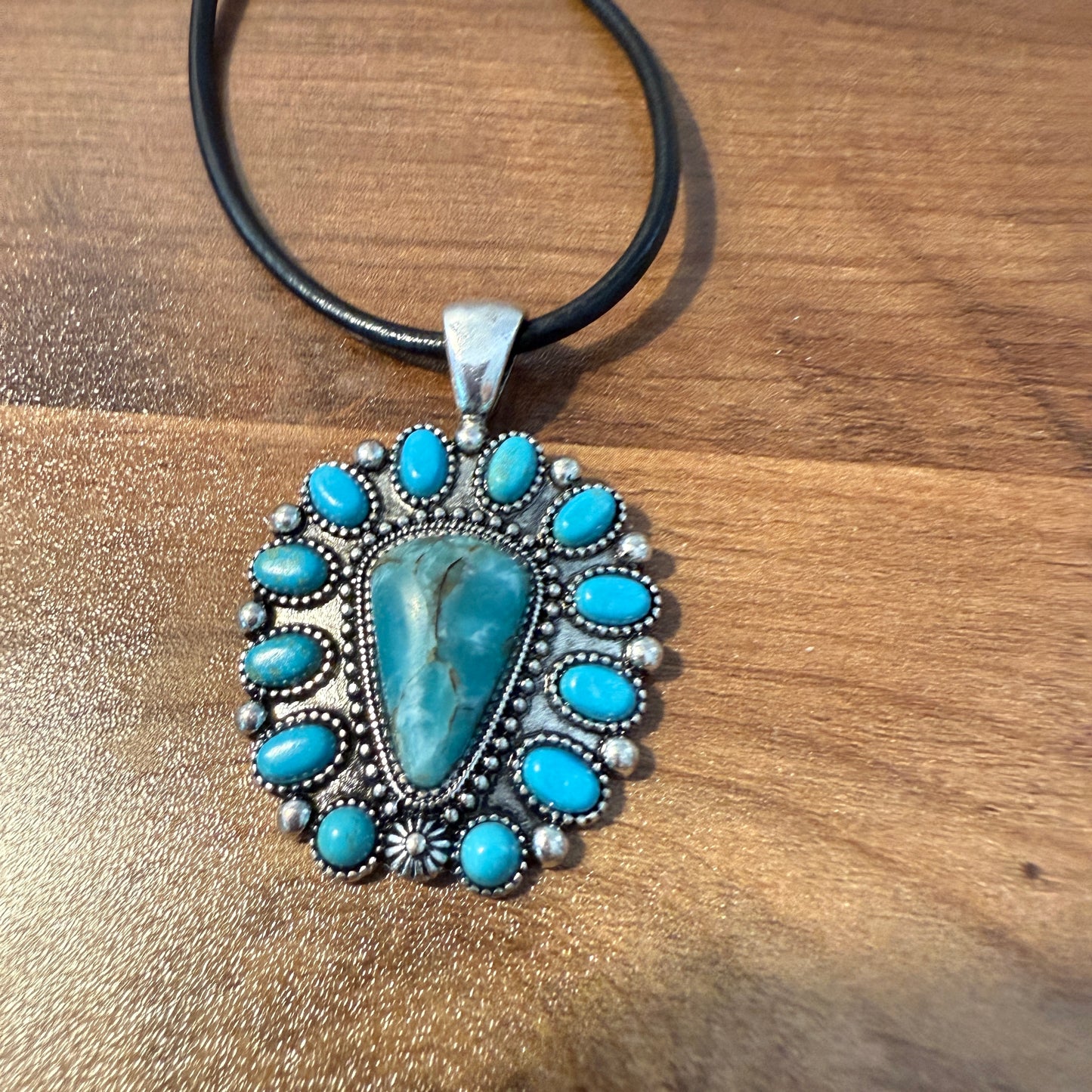Western Thunderbird Pendant Necklace with Turquoise Conch and Burnished Silver Finish