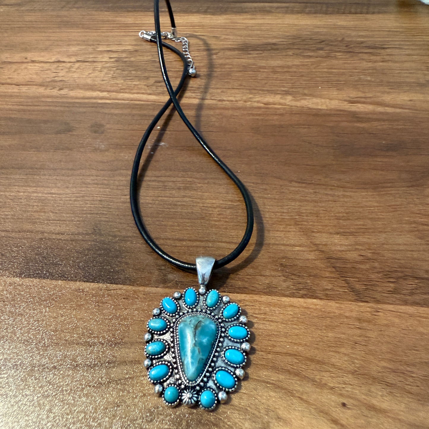 Western Thunderbird Pendant Necklace with Turquoise Conch and Burnished Silver Finish