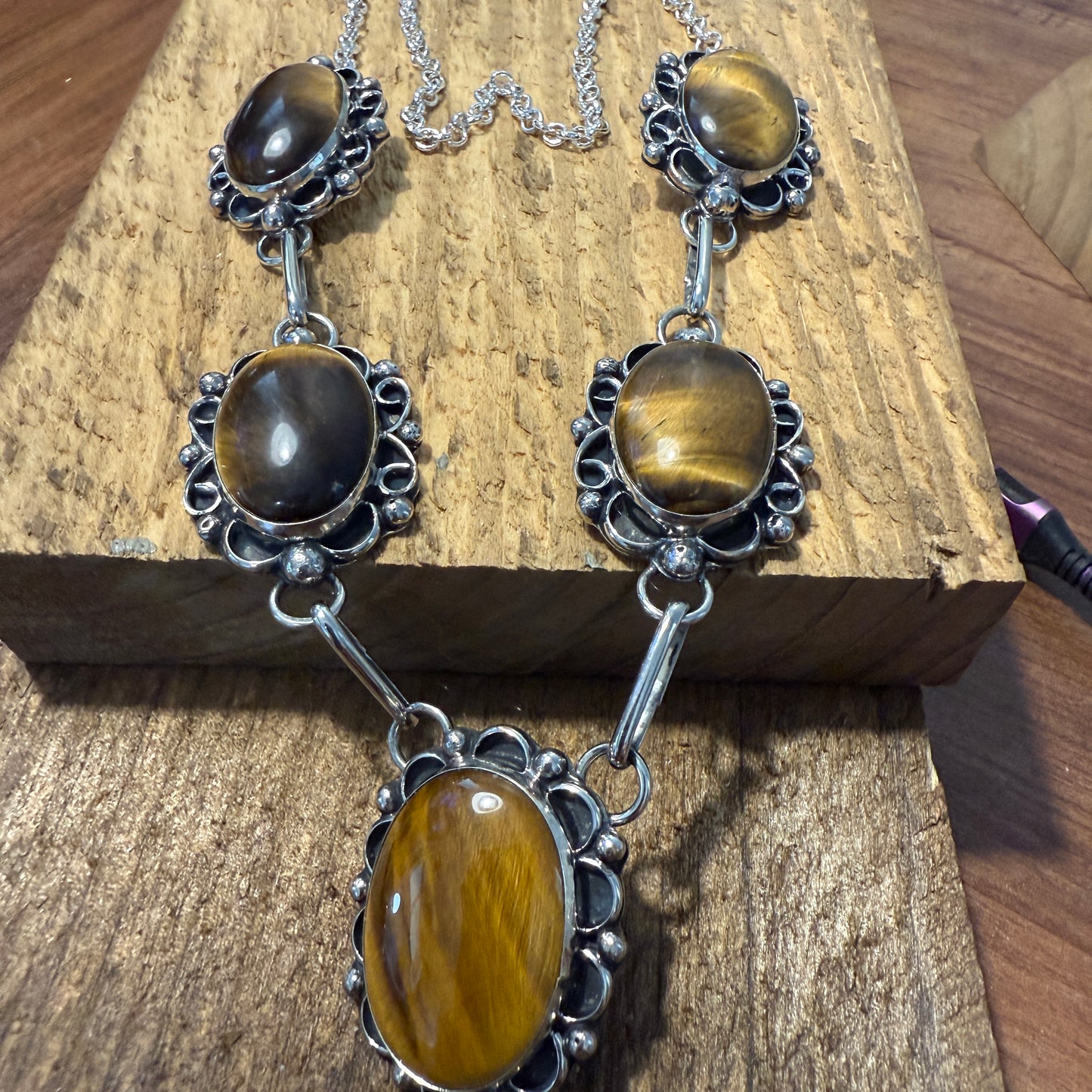 Native American Navajo Nickel Silver And Tiger Eye Necklace Signed Cleveland