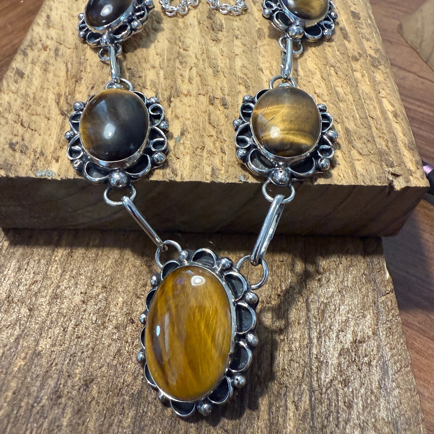 Native American Navajo Nickel Silver And Tiger Eye Necklace Signed Cleveland